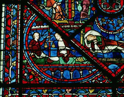 Pengevekslere i templet, detalje fra et vindue af Unbekannt