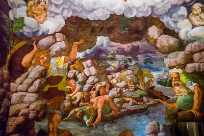 Manierismens mest berømte fresko: Giulio Romanos illusion opfinder en kuppel og opløser rummets arkitektur i giganternes fald, Giants Hall af Unbekannter Künstler