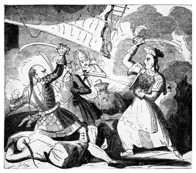 Mrs Ching svinger et sværd, ca. 1810 (gravering) af Unbekannter Künstler