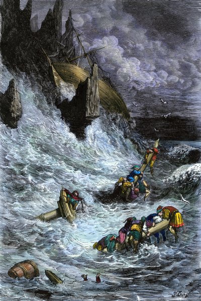 Myter og legender: Sinbad (Sindbad) og hans ledsagere efter de 1001 nætter (tusinde og en nat). Farvestik af Gustave Dore. af Unbekannter Künstler