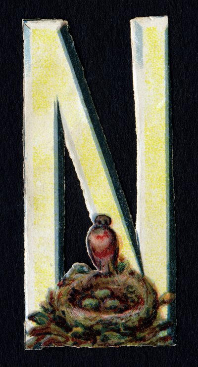 N ligesom Nest. Beetle decoupis med temaet dyr. Gravering. Serie af 26 vaffelkromolitografier af engelsk oprindelse. Redaktør og illustrator ukendt. Slutningen af det 19. århundrede. Mål: 5,5 x 3,5 cm af Unbekannt