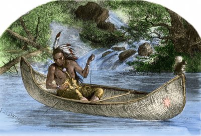 Amerikas oprindelige befolkning: Indianere. Hiawatha fisker i en kano. Farvestik fra det 19. århundrede. af Unbekannter Künstler