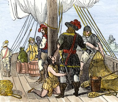 Indfødt befolkning i Amerika: Indianere. Pocahontas taget til fange ombord på et skib fra Jamestown. Farvestik fra det 19. århundrede. af Unbekannter Künstler