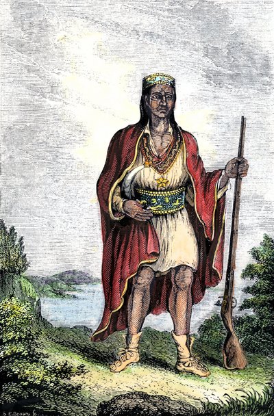 Amerikas oprindelige befolkning: Indianere i USA. Metacomet (ca. 1639-1676), også kendt som King Philip eller Metacom, høvding for Wampanoag (Massachusetts, New England). Farvestik. af Unbekannter Künstler