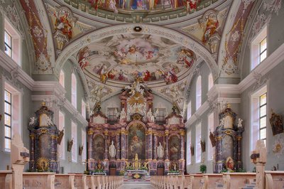 Skib, alter, loftmaleri, interiør fotografi, St. George Catholic Parish Church, Neustift, Stubai Valley, Tyrol, Østrig, Europa (foto) af Unbekannter Künstler