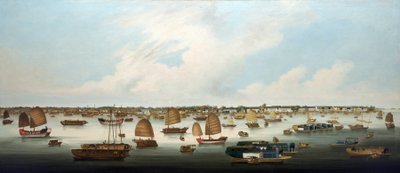"Sejlads på Perlefloden (eller Zhu Jiang, Canton-floden) ud for Henan-øens kyst med udsigt til de europæiske fabrikker i Canton (Kina). af Unbekannter Künstler