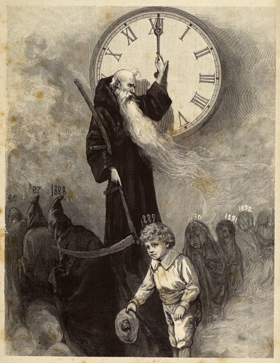 Nytårsallegori 1889, der viser en gammel hvælving, som symboliserer det gamle år, der giver plads til en smilende lille dreng, som symboliserer det nye år. Tiden ser på scenen ved at dreje viserne på et ur. Gravering fra det 19. århundrede af Unbekannter Künstler