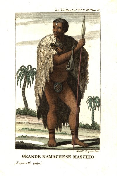 Adelsmand fra Namaqua i Sydafrika. Han bærer en pelskappe og en kappe og holder et spyd.fra Francois Le Vaillant (Levaillant af Unbekannter Künstler