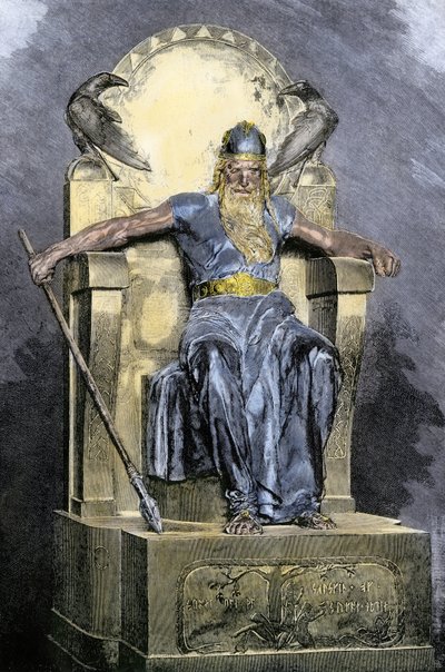 Nordisk mytologi: repræsentation af guddommen Wotan (Odin). Farvestik fra det 19. århundrede. af Unbekannter Künstler