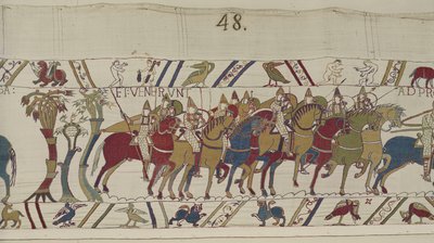 Normanniske soldater forlader Hastings for at kæmpe med Harold, Bayeux Tapestry (uldbroderi på hør) af Unbekannt