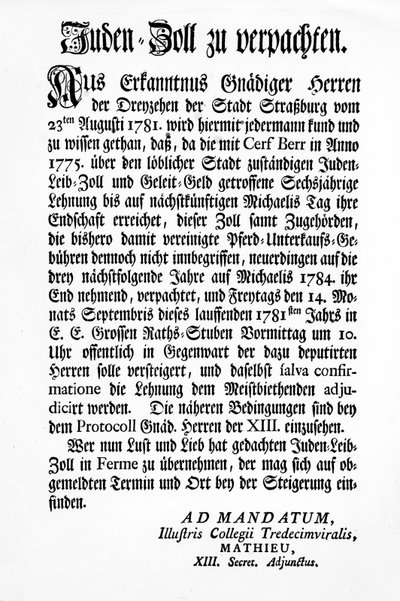 Meddelelse fra Strasbourgs styrende organ for de tretten (Tredecim Viri) om en offentlig auktion over retten til at opkræve 