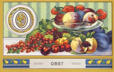 O : Frugt - Alfabet Palmin. Serie af kromolitografier redigeret af H. Schlinck & Cie, Hamburg, s.d. . Publicite pour Palmin fineste kokosfedt. Mål: 7 x 11 cm af William M. Timlin