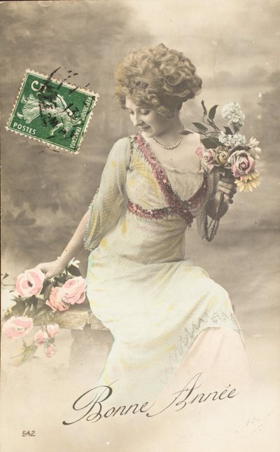 Gammelt postkort/Godt år/Ønske/Woman Belle Epoque af William M. Timlin