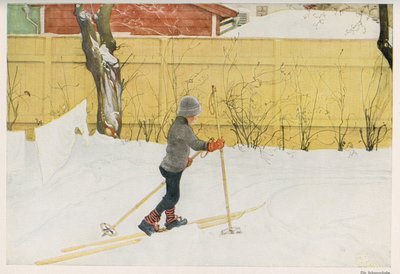 Et af den svenske illustrator Carl Larssons (1853-1919) børn, der lærer at bevæge sig på ski. Tegning fra "" Das haus in der sonne"" 1921 af Unbekannt