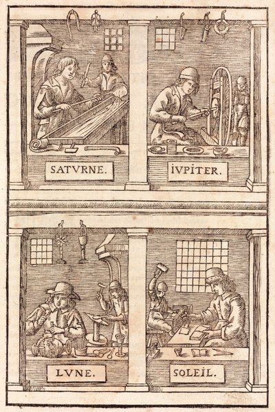 Guldsmede og alkymistiske symboler: Saturn og bly, Jupiter og tin, Måne og sølv, Sol og guld - Guldsmede og sølvsmede Alkymistisk symbolik af Unbekannt