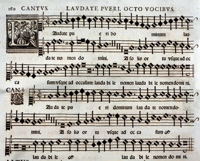 Side med partitur af Laudate Pueri Psalm med 8 stemmer af Thomas Luis de Victoria af Unbekannter Künstler
