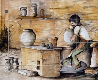 Malet maiolica-panel, der viser scene for keramikfremstilling, håndlavet af Ceramiche Desuir, Santo Stefano di Camastra, Sicilien, Italien, Detail af William M. Timlin