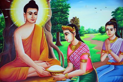 Maleri, der forestiller Buddha, der modtager ofre. Cambodja af Unbekannt