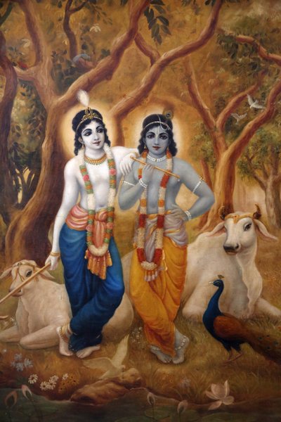 Maleri, der forestiller den hinduistiske gud Krishna, der står ved siden af sin bror Balaram. Indien af Unbekannt