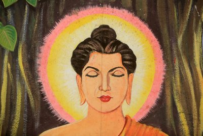 Maleri, der skildrer Shakyamuni Buddhas livshistorie. Wat Naxai. Vientiane. Laos./ Naxai. Vientiane. Laos, 20151106, Vientiane, Laos af Unbekannt