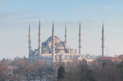 Panoramaudsigt over den blå moske kort før solnedgang, Istanbul, Tyrkiet (foto) af Unbekannter Künstler