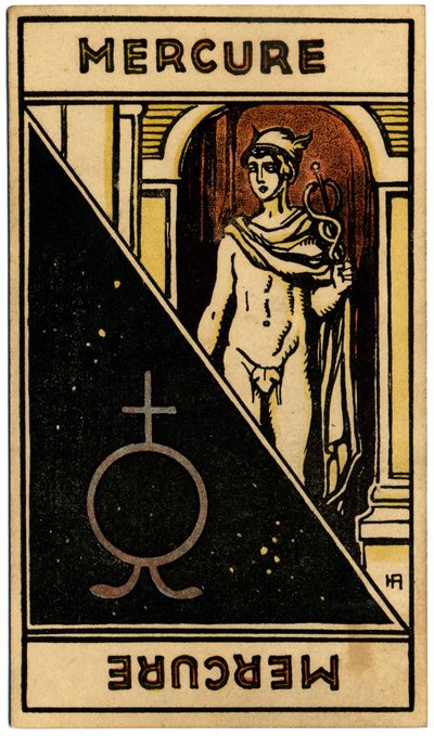 Paranormalt. Astrologi. Merkur (planet). Astrologikort fra: Le Tarot Astrologique (Astrologisk Tarot), af Georges Muchery, Frankrig af Unbekannter Künstler