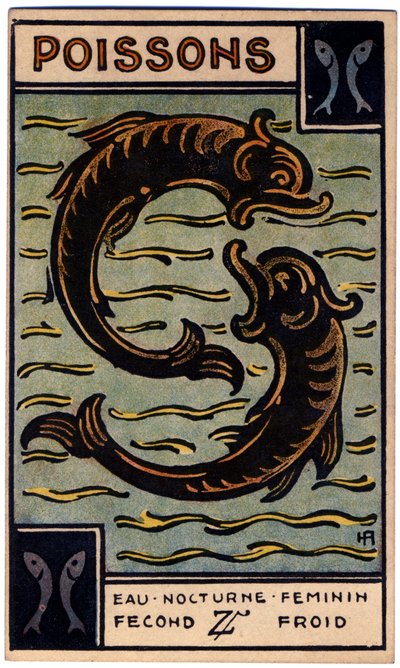 Paranormalt. Astrologi. Fiskene (fisken). Astrologisk kort fra: Le Tarot Astrologique (Astrologisk Tarot), af Georges Muchery, Frankrig af Unbekannter Künstler