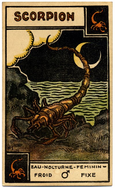 Paranormalt. Astrologi. Skorpionen (Skorpionen). Astrologisk kort fra: Le Tarot Astrologique (Astrologisk Tarot), af Georges Muchery, Frankrig af Unbekannter Künstler