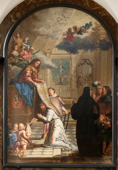 Sognekirke (Parochekerk Onze-Lieve-Vrouw). Indre. Maleri. Vor Frue giver en kasebel til Saint-Ildefonsus. af Unbekannter Künstler