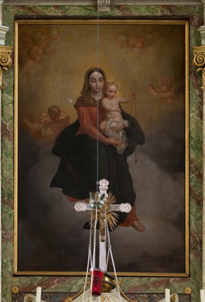 Sognekirke (Sint-Machutuskerk Wannegem). Indre. Højalteret. Maleri. Signeret Van Lanselaere 1844. af Unbekannter Künstler