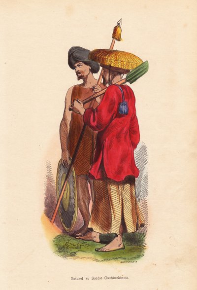 Peasant et soldat Cochinchinois (Vietnam) - Mænd fra Vietnam (Cochinchine): soldat med turban, skjold og spyd, og bonde med stråhat, tunika og skovl - Håndkoloreret træsnit af Mercier fra "Moeurs, Uses et Costumes de tous les Peuples du Monde, As af Unbekannter Künstler