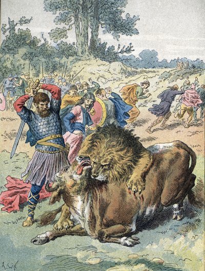 Pepin Briefen kæmper mod en løve og en tyr på Champ de Mars for at bevise sit mod (751) af Unbekannter Künstler