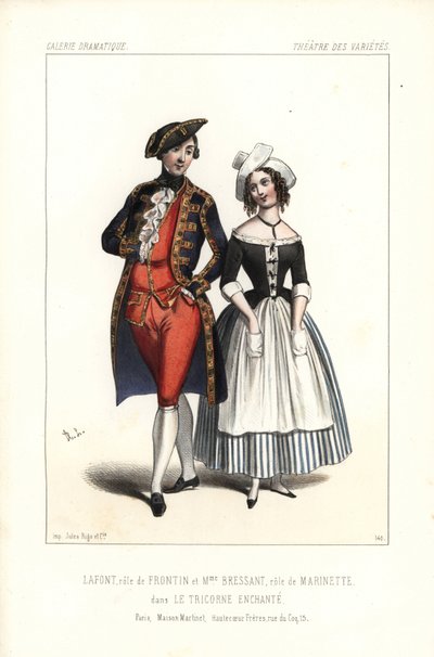 Pierre-Cheri Lafont i rollen som Frontin og Madame Bressant eller Augustine Dupont som Marinette i Theophile Gautiers Le Tricorne Enchante, Theatre des Varietes af Unbekannter Künstler