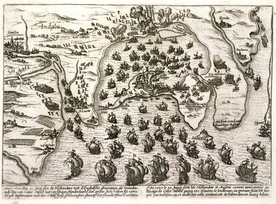 Plan over havnen i Cadiz i 1596 på tidspunktet for angrebet af Sir Walter Raleigh (gravering) af Unbekannter Künstler