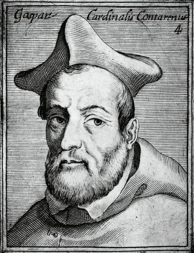 Portræt af Gasparo Contarini (1483-1542), italiensk kardinal og biskop, gravering fra de mest berømte ikoner af al dyd og videnskab, af Claudius Pernetus af William M. Timlin