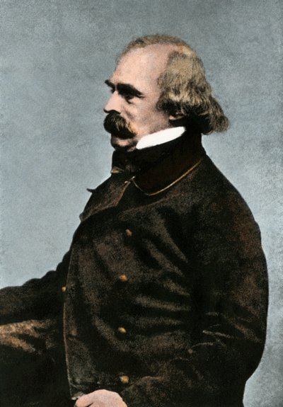 Portræt af Nathaniel Hawthorne (1804-1864), amerikansk forfatter, ca. 1862 eller 1863 - Colorisee-fotografi 19. århundrede - (Nathaniel Hawthorne, ca. 1862 eller 1863 - Håndkoloreret halvtonereproduktion af et foto taget i Boston) af Unbekannter Künstler