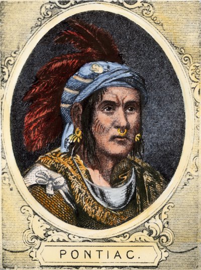 Portræt af Pontiac (eller Obwandiyag, ca. 1714-1769), høvding for Outaouais-indianernes stamme i Detroit (Ottawa Nation). Farvestik fra det 19. århundrede. af Unbekannter Künstler