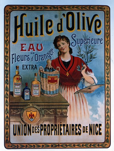 Plakat med reklame for olivenolie fremstillet i Nice, Frankrig af Unbekannter Künstler