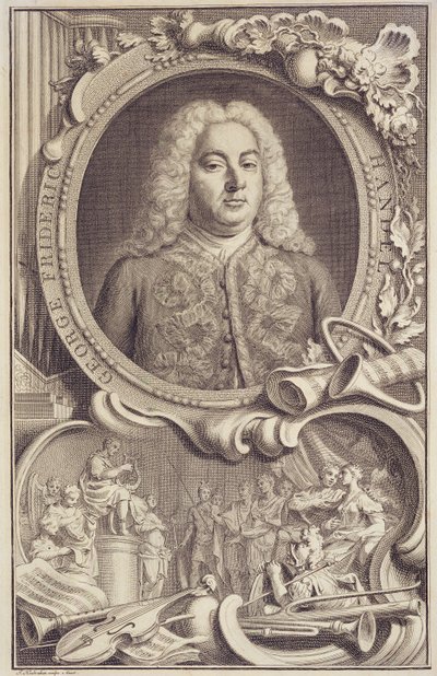 RM 7.f.5 George Frederick Handel (1685-1759), frontispice til "Israel in Egypt", graveret af Jacobus Houbraken (1698-1780) af Unbekannter Künstler