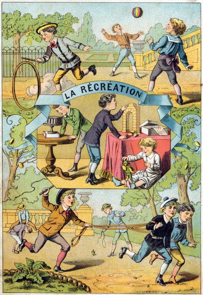 Fritid i skolegården. Indgravering i "Alphabet des petits ecoliers". Billeddannelse af Epinal, ca. 1885. Privee Collection af Unbekannt