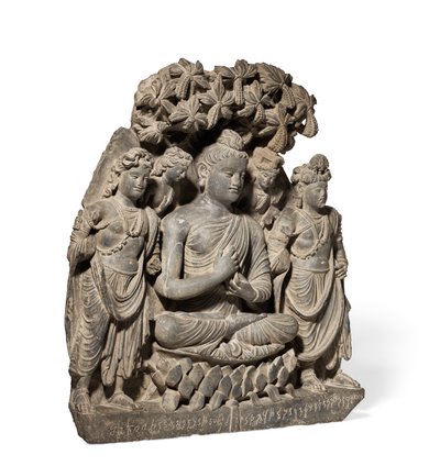 Relieftriade af Buddha Shakyamuni med Bodhisattvaer, 3.-4. århundrede (grå skifer) af Unbekannter Künstler