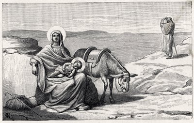 Hvil under flyveturen til Egypten. Jesusbarnets alfabet. Udgave 1932. Træskærerarbejde signeret H G. Privat samling af Unbekannt