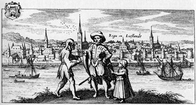 Riga - udsigt over byen fra bredden af floden Daugava, ca. 1700. af Unbekannter Künstler