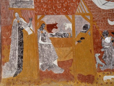 Romansk kunst: Fresker i begravelseskapellet Sainte Catherine de Jouhet, Vienne, Poitou-Charentes (Poitou Charentes), Frankrig. Nativite. Fotografering af Unbekannter Künstler