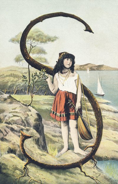 S: En ung pige i en kort nederdel og ærmeløs overdel holder en mandolin i venstre hånd. Landeindretning - Alfabettegn Ref Th. E., L. Theochrom - Serie 994. Theodor Eisman, udgiver, Leipzig af Unbekannt