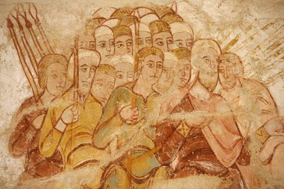 Saint-Savin klostermaleri: Abraham og hans tilhængere kæmper, Saint-Savin-sur-Gartempe, Frankrig af Unbekannt