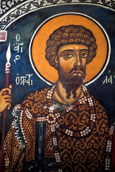 Saint Theodore Stratelates: Byzantinsk fresko fra det 14. århundrede (1332) Jomfrukirken Phorbiotissa, Asinou Cypern Malede kirker UNESCO-sted Troodos, Cypern af Unbekannt