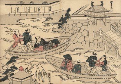 Samurai krydser floden (ved Akasaka Mitsuke) i en båd på vej til Yoshiwaras forlystelseskvarter. Træsnit af Masanobu Okumura (1686-1764) fra Fuzoku Emakimono, Picture Scroll of the Water Trade, Tokyo, genoptryk ca. 1880. af Unbekannter Künstler