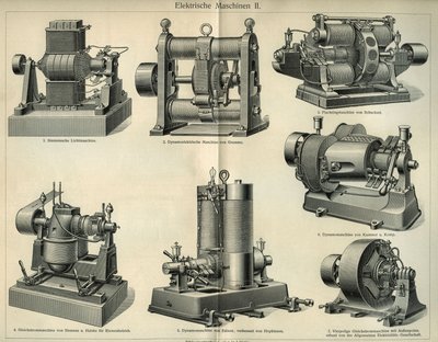 Videnskabs- og teknologinævn, der repræsenterer tyske elektriske maskiner. Illustration taget fra “Meyers Grosses Konversations - Lexikon””” 1904. Bibliographers Institute, Leipzig og Wien af Unbekannt