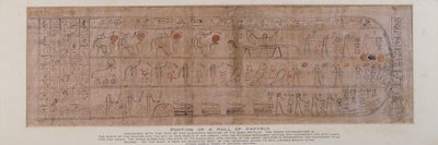 Udsnit af papyrus indskrevet med kursive hieroglyffer med teksten i det ellevte afsnit af Amtuats Bog, der beskriver solgudens fødsel på himlen ved daggry, fundet i soklen på en Ptah-Sokar-Osiris-figur af træ (se 83305), egyptisk, af Unbekannt